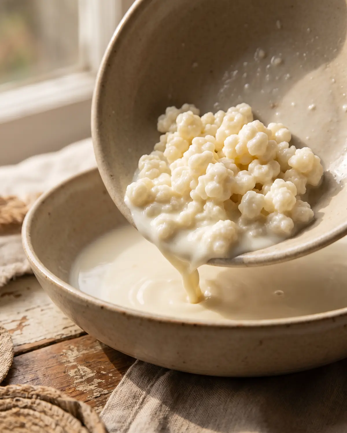 como fazer kefir de aveia Grãos de kefir acumulados no rebordo de uma tigela bege enquanto a bebida escorre lentamente.