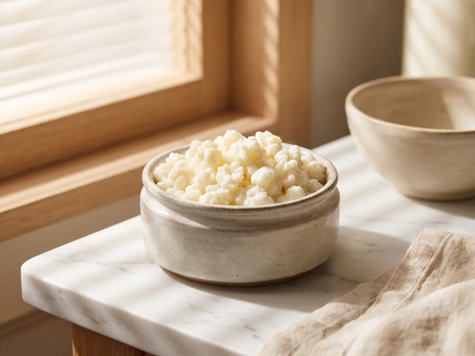 kefir caucaso Tarro baixo com grãos de kéfir de leite sobre mármore branco, atravessado por sombras de persiana.