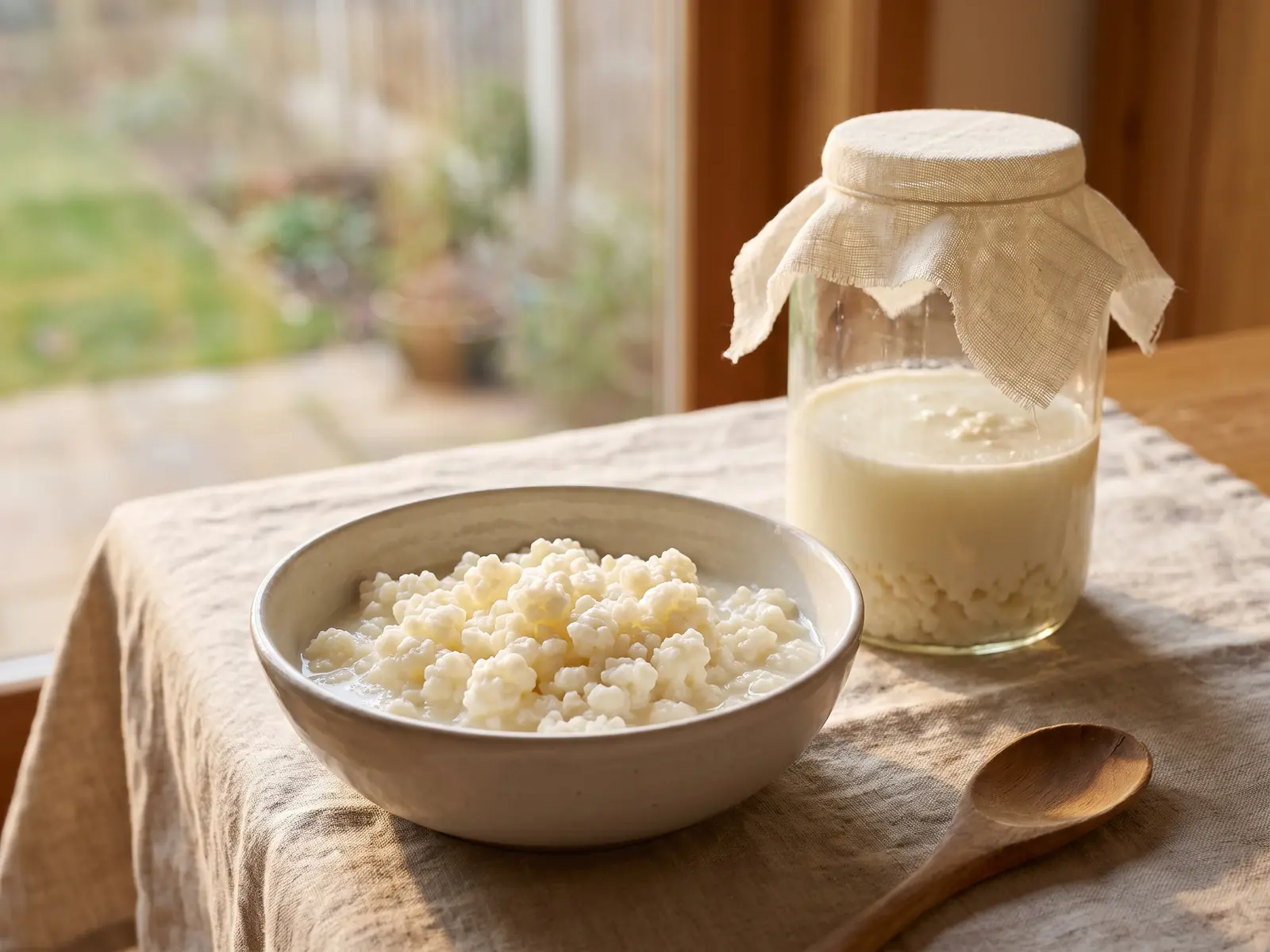 o kefir tem lactose Frasco de kefir de leite a fermentar numa mesa de linho junto à janela, com grãos húmidos num tigela.