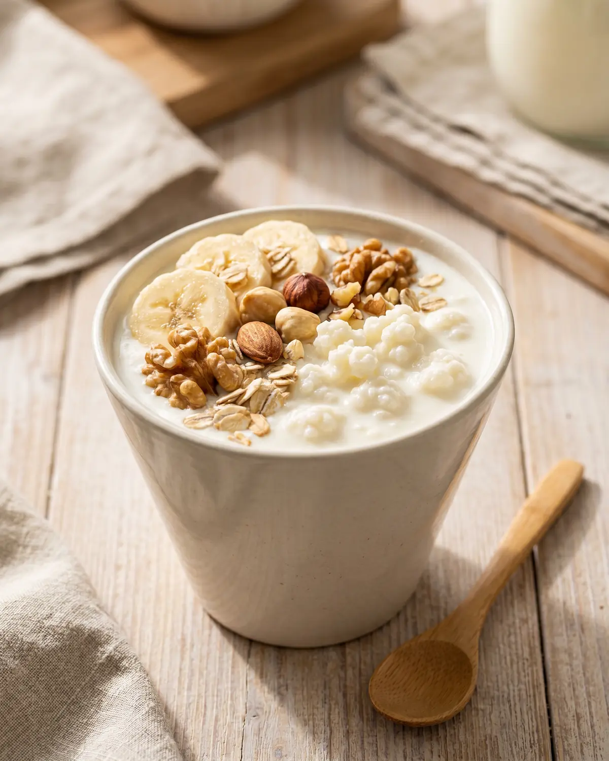 Cuenco estreito de kefir com banana, nozes e aveia, fotografado em formato vertical sobre fundo claro.