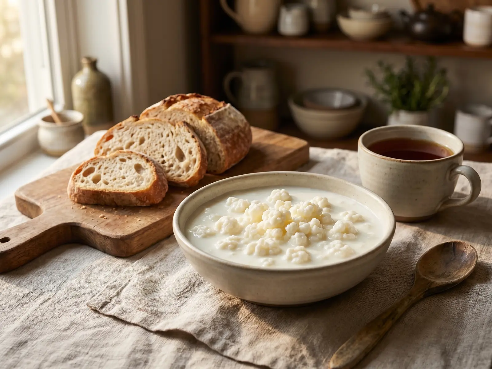 doadores de kefir em portugal Kefir de leite numa tigela baixa junto a chá, pão rústico e tecido de linho cru sobre a mesa