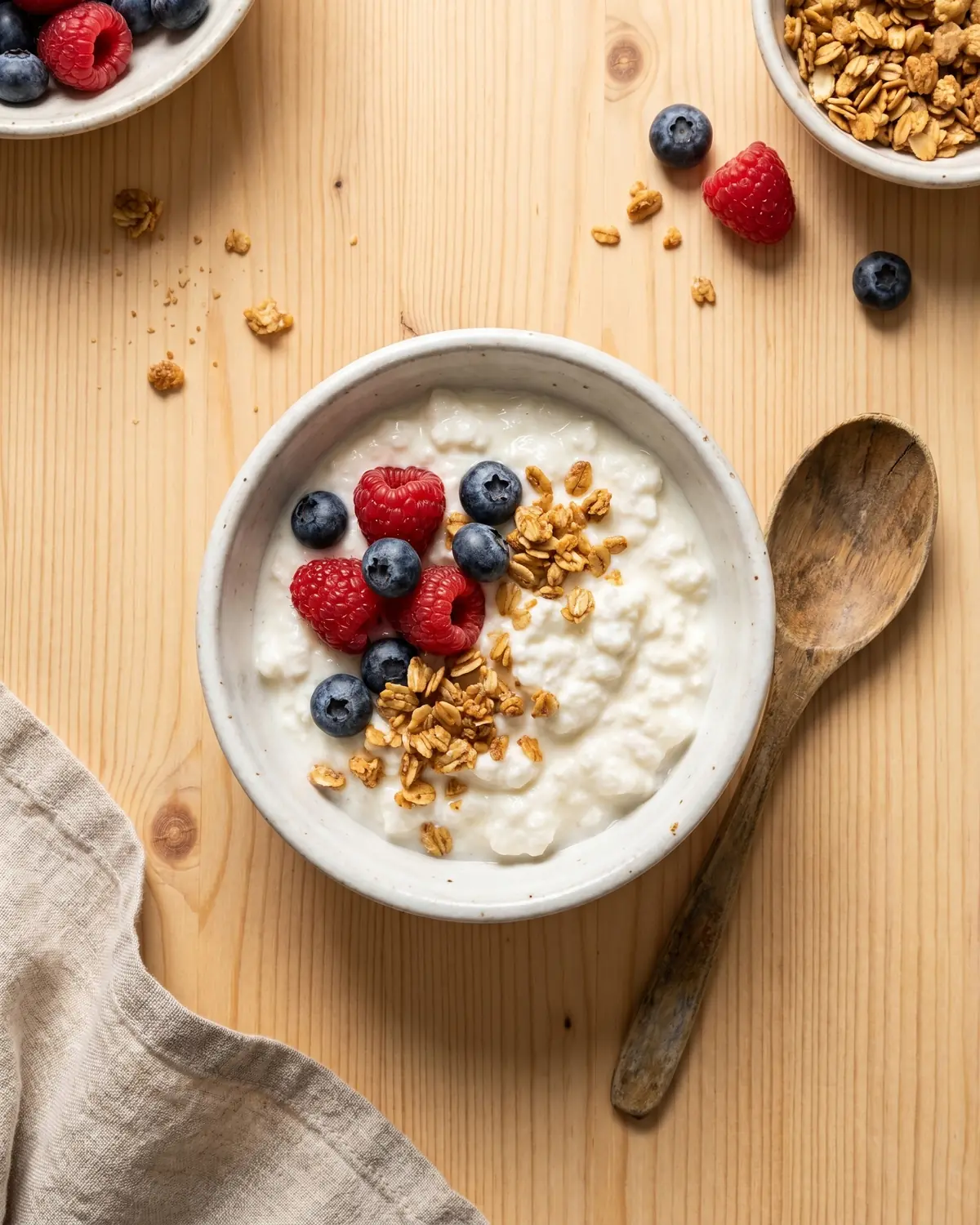 Tigela de kefir com frutos vermelhos, granola e colher de madeira pronta para um pequeno-almo&ccedil;o caseiro.