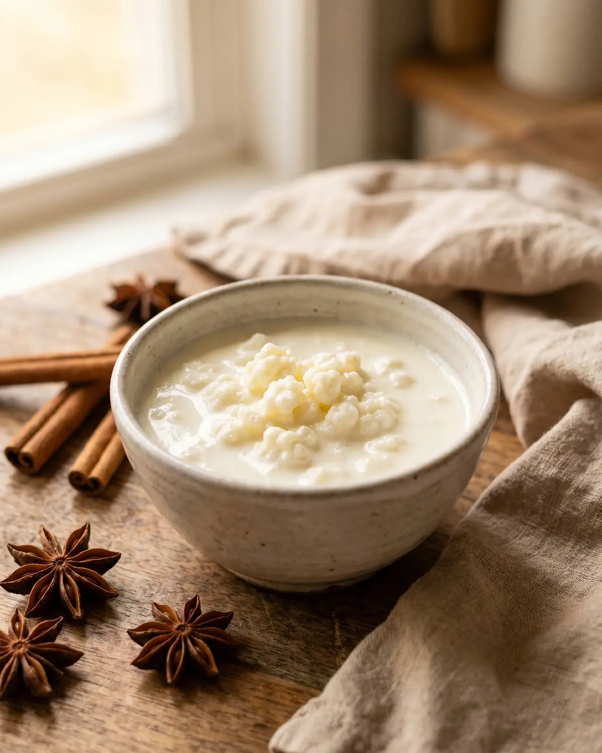 Tigela pequena de kefir natural rodeada por an&iacute;s-estrelado e canela, com aspeto acolhedor de inverno.