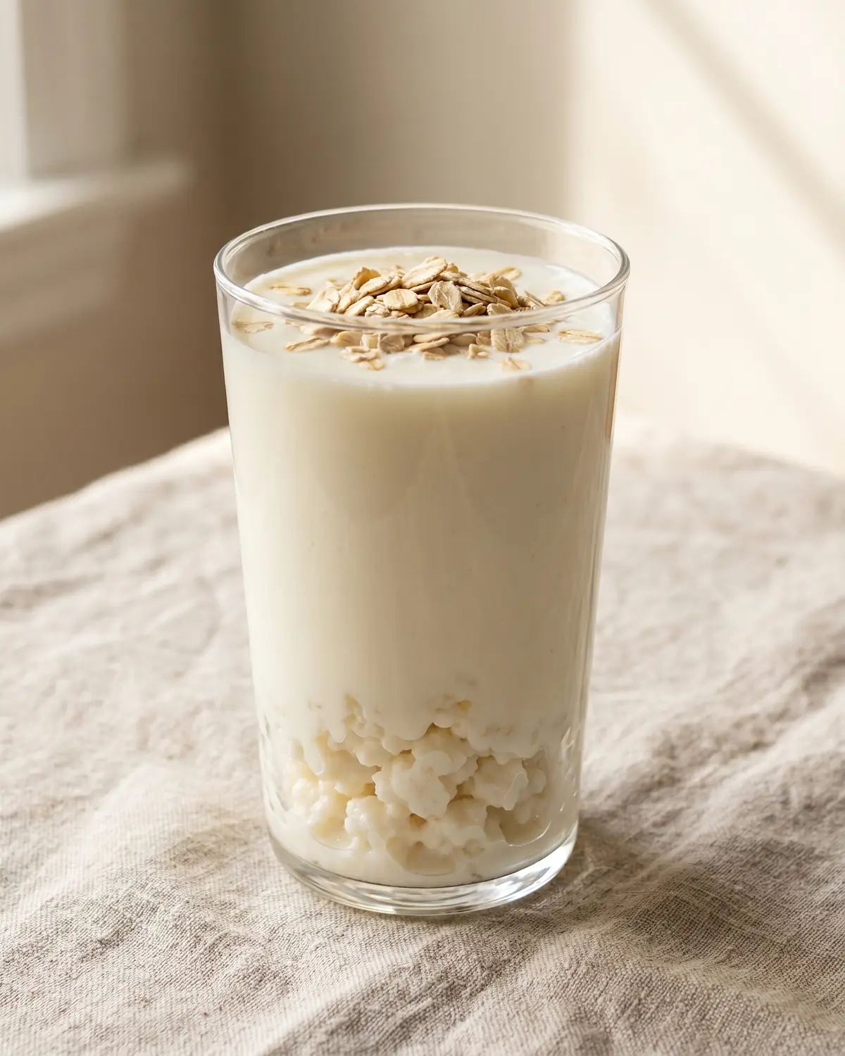 kefir de leite como cuidar Vaso alto de kefir de leite com flocos de aveia por cima, sobre linho cru e fundo limpo.