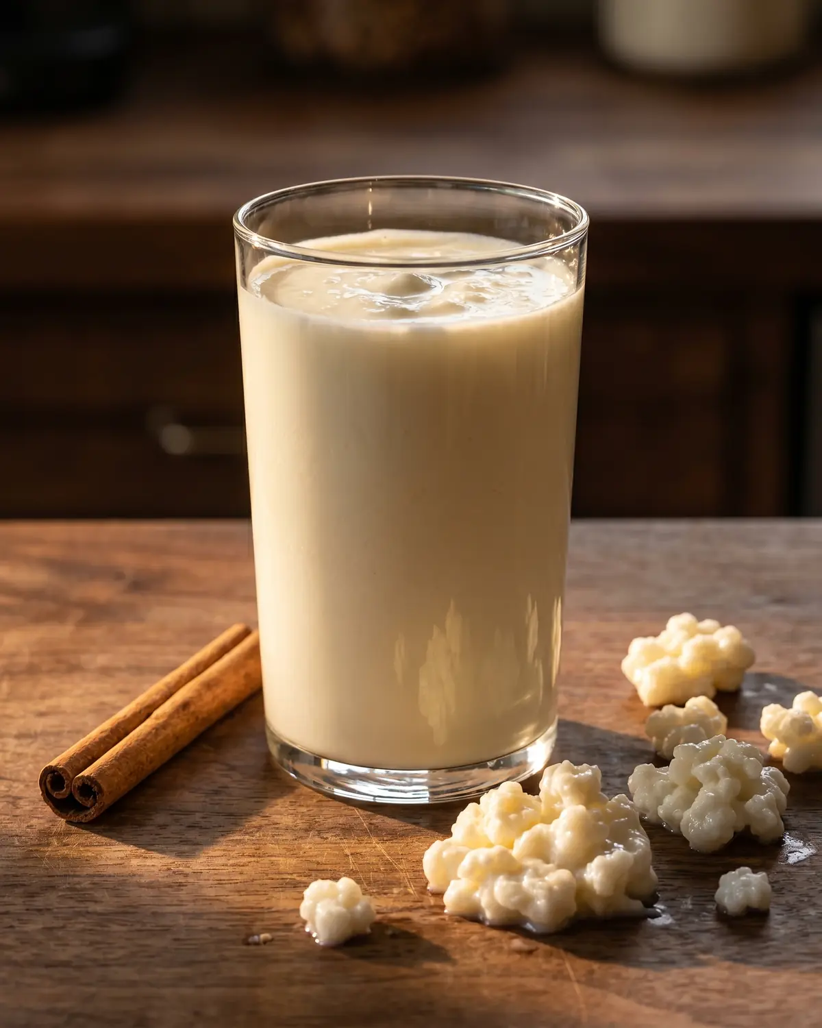 Vaso alto com kefir terminado e canela em rama sobre madeira escura, iluminado por luz dourada.