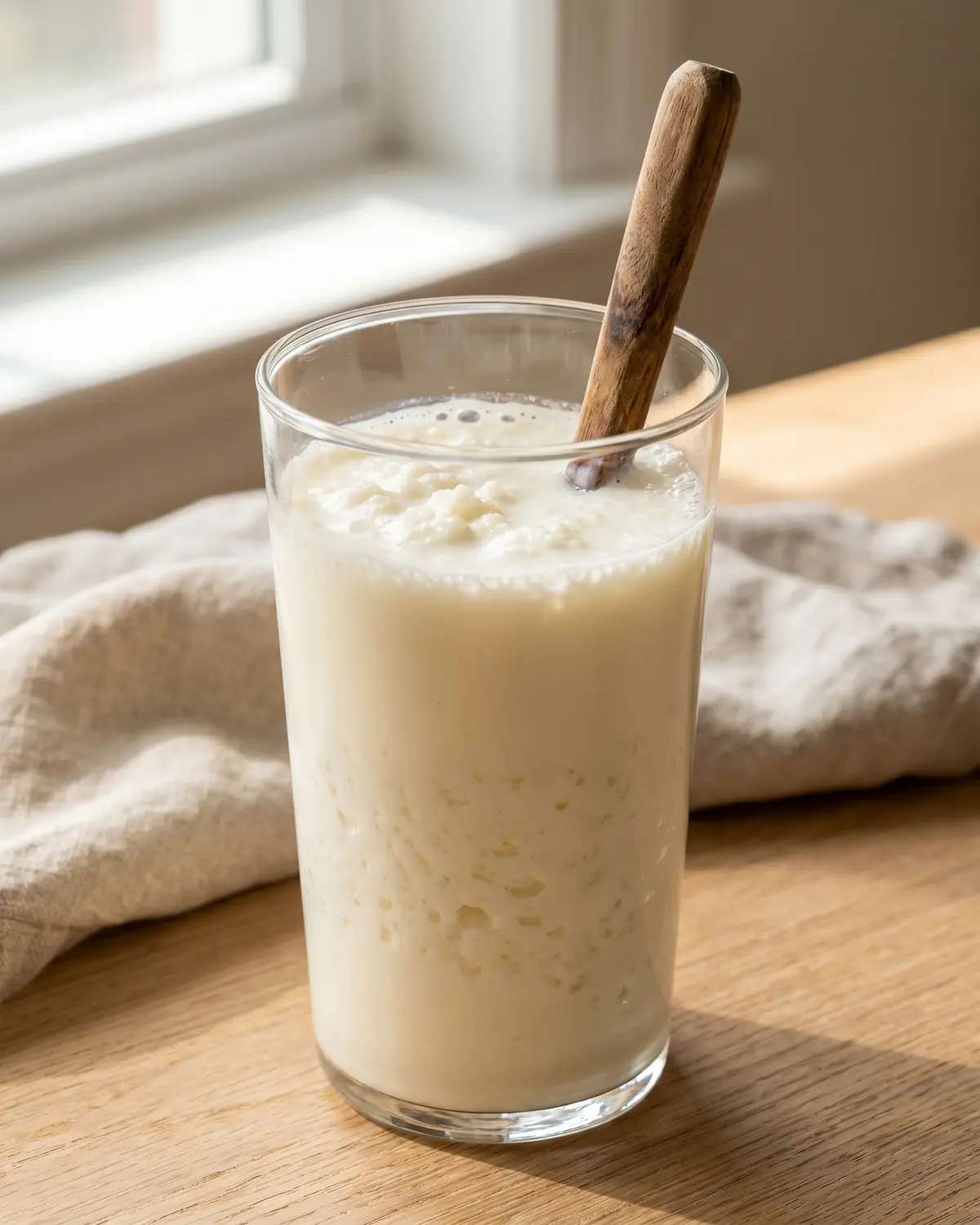 doadores de kefir em portugal Vaso alto com kefir de leite cremoso e colher dentro, mostrando a textura espessa depois da fermentação