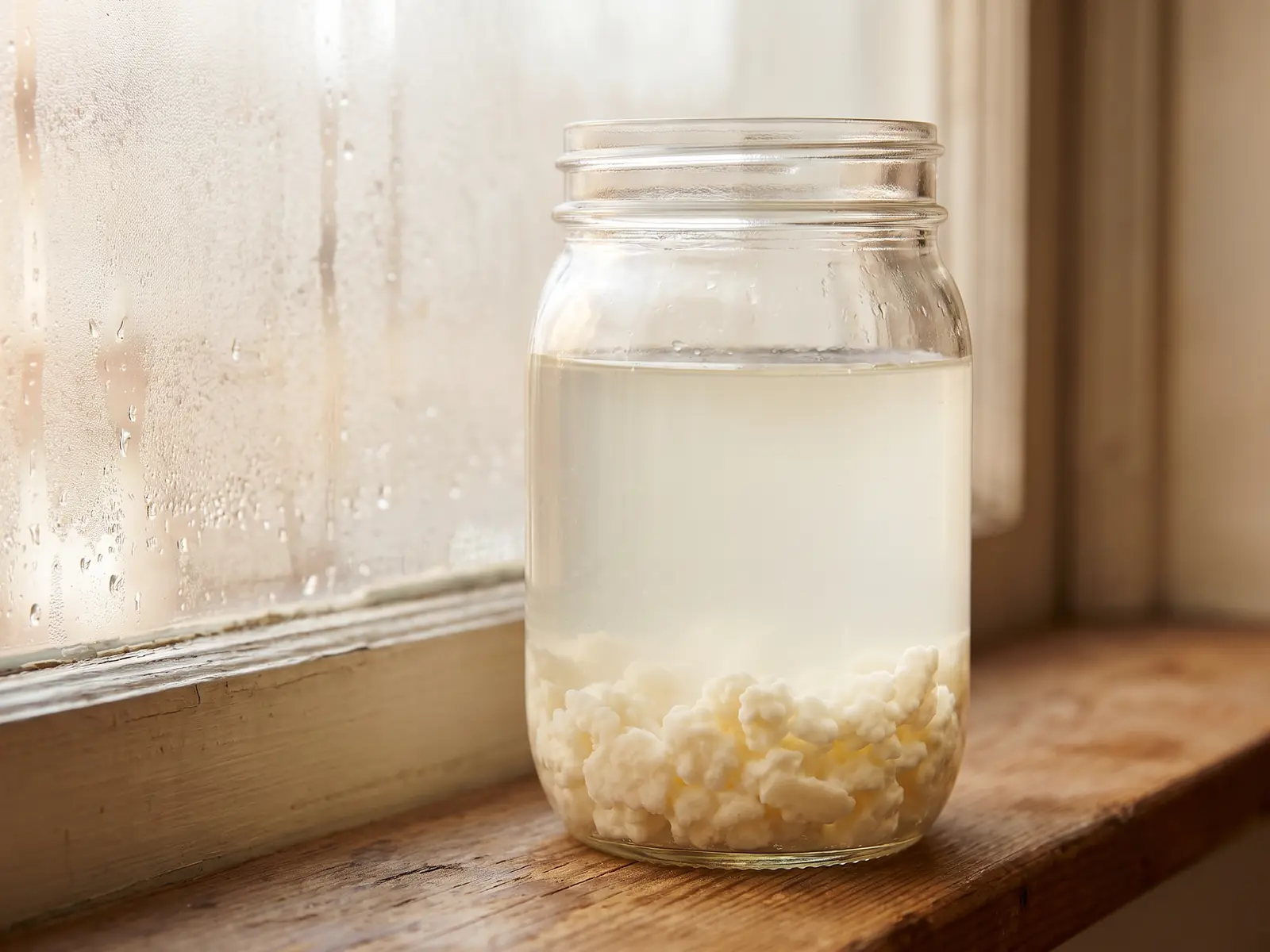Frasco com kefir de leite diante de uma janela embaciada, com gr&atilde;os vis&iacute;veis junto ao fundo do vidro.
