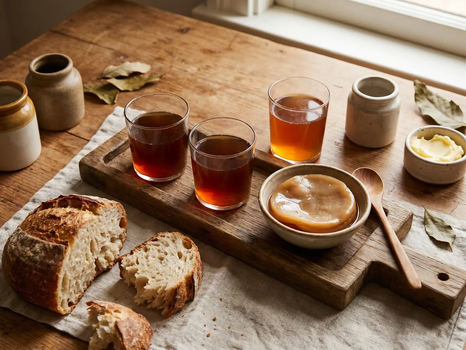 kefir de agua e kombucha Bandeja de prova com kombucha âmbar, SCOBY em cuenco e pão rústico sobre uma mesa.