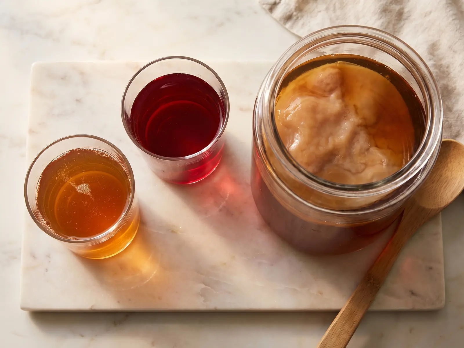 Dois copos com kombucha natural e de hibisco sobre m&aacute;rmore claro, vistos com luz cenital.