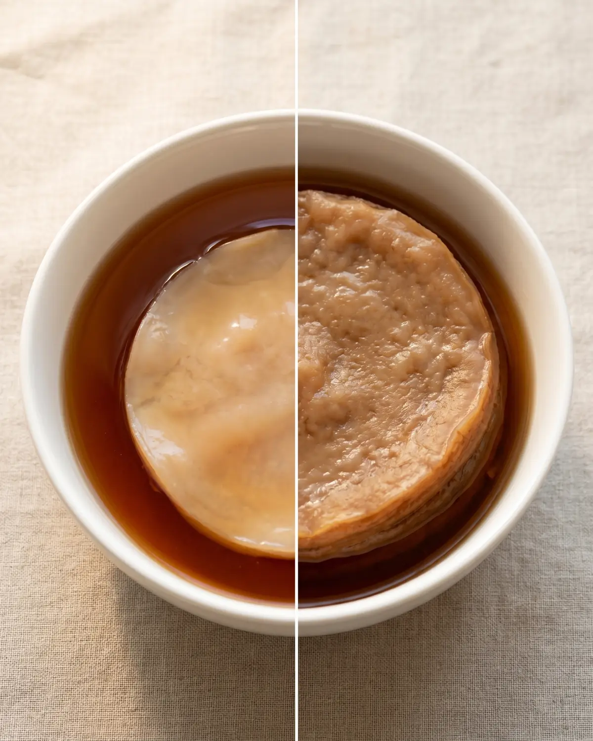 Dois SCOBYs em tigelas brancas, um mais jovem e outro mais espesso, vistos em compara&ccedil;&atilde;o vertical.