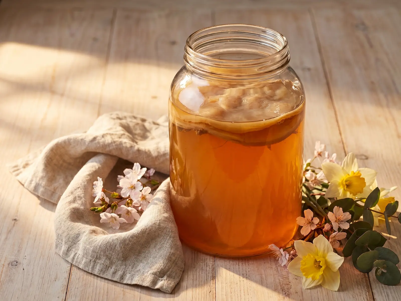 kombucha Tarro de kombucha âmbar sobre linho cru, com flores de primavera e luz lateral quente.