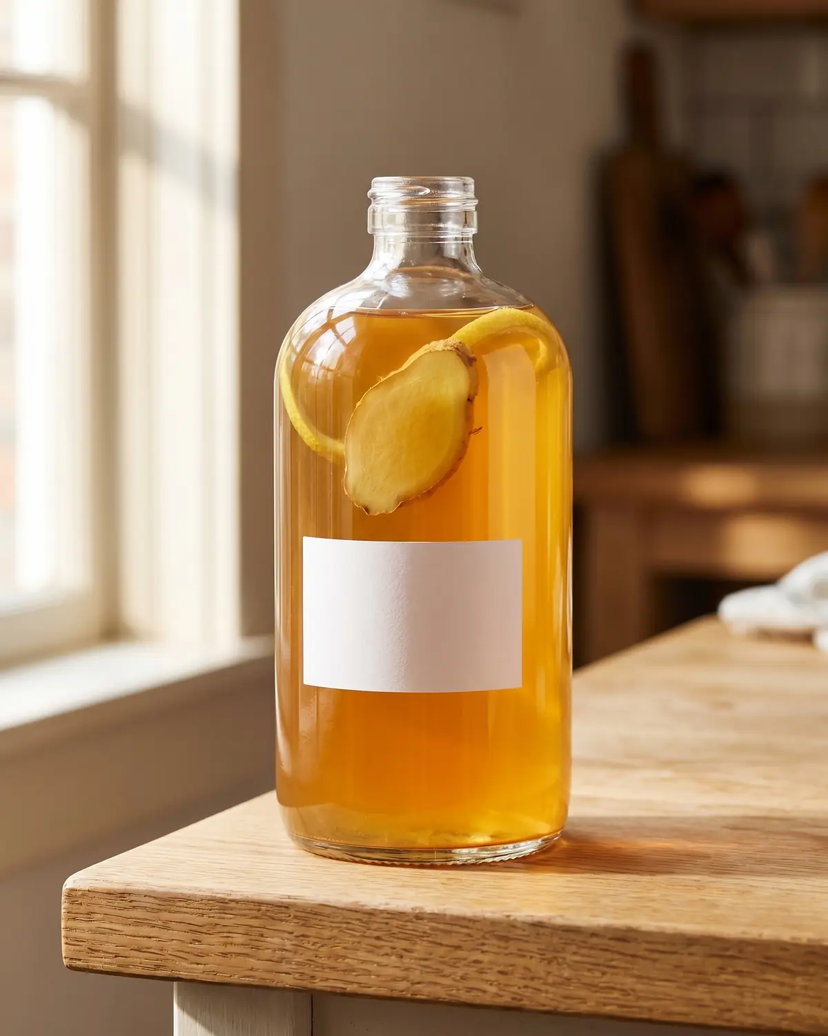 kombucha beneficios Primeiro plano de garrafa com kombucha âmbar, gengibre e limão visíveis no interior da bebida.