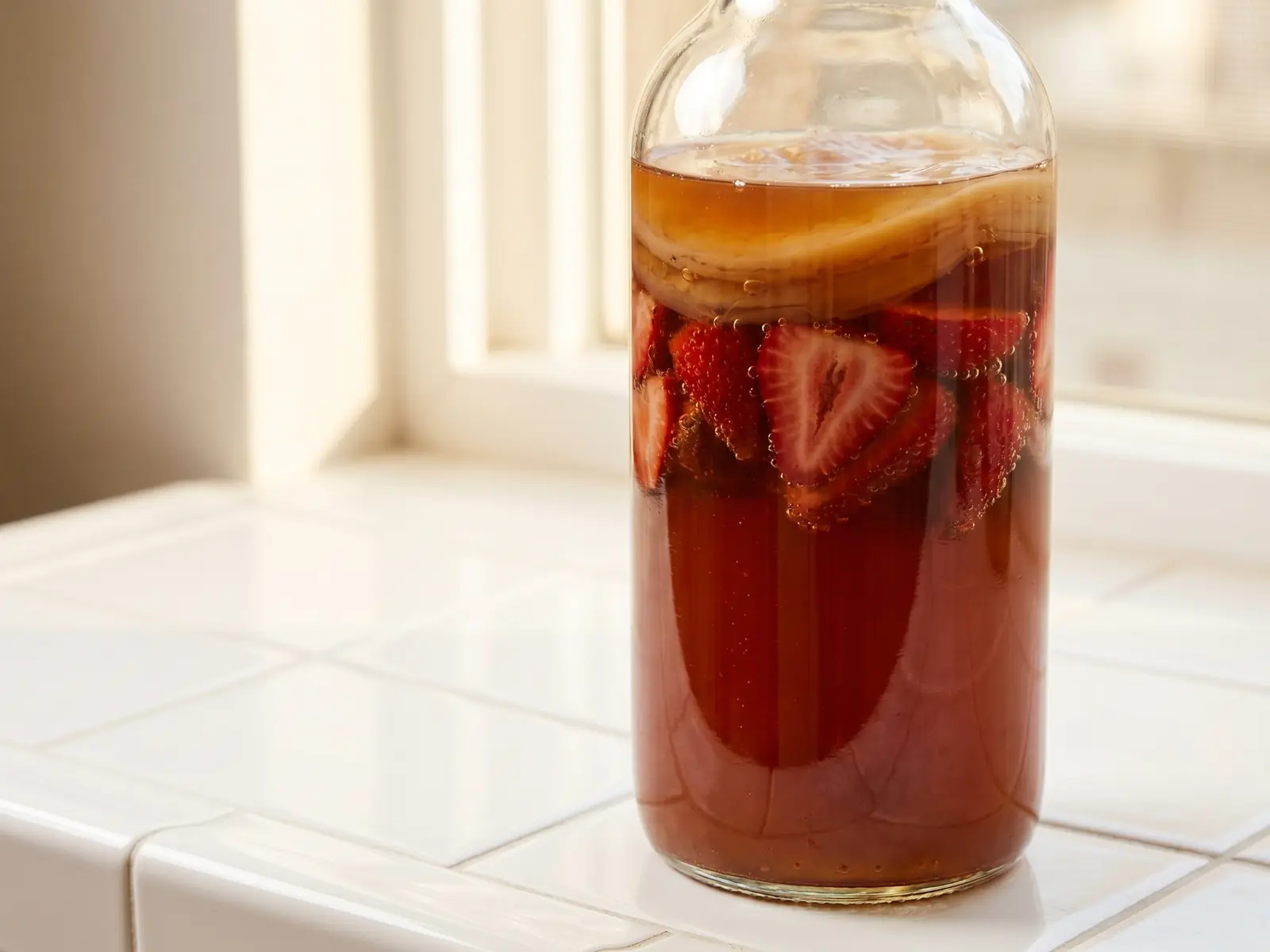 kombucha bebidas Garrafa de kombucha com morangos em segunda fermentação sobre azulejos brancos e pequenas bolhas visíveis
