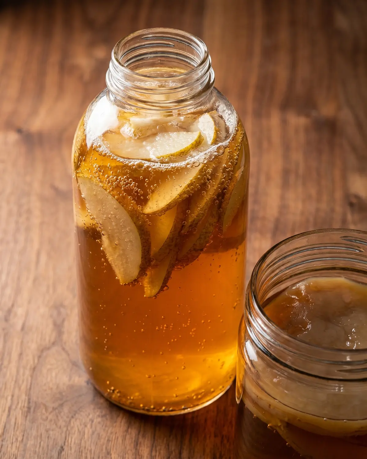 Garrafa de kombucha com pera laminada, bolhas no vidro e fundo de madeira de nogueira escura.