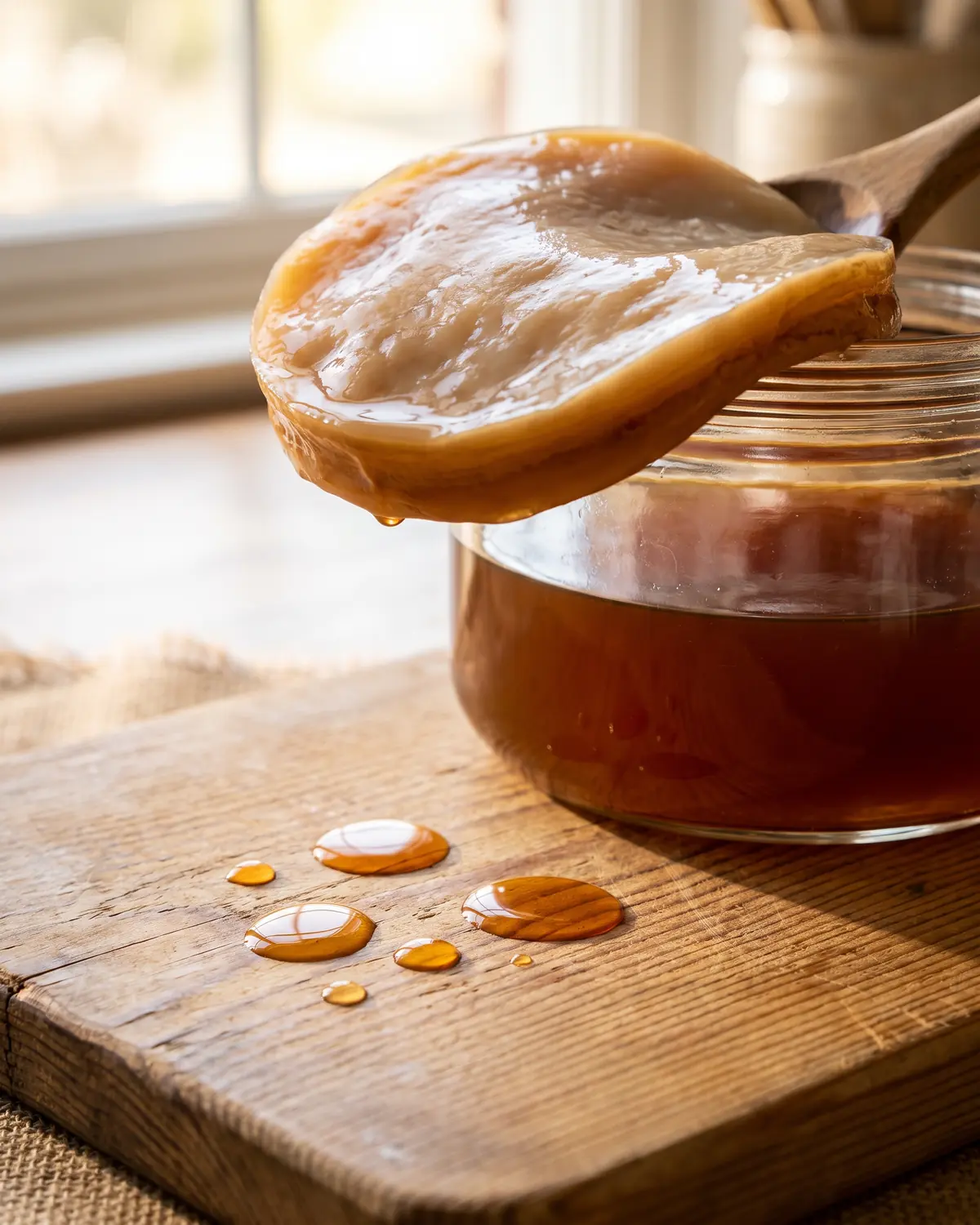 kefir de agua e kombucha Gotas âmbar sobre tábua de pinho junto a um frasco elevado, com SCOBY visível no topo.