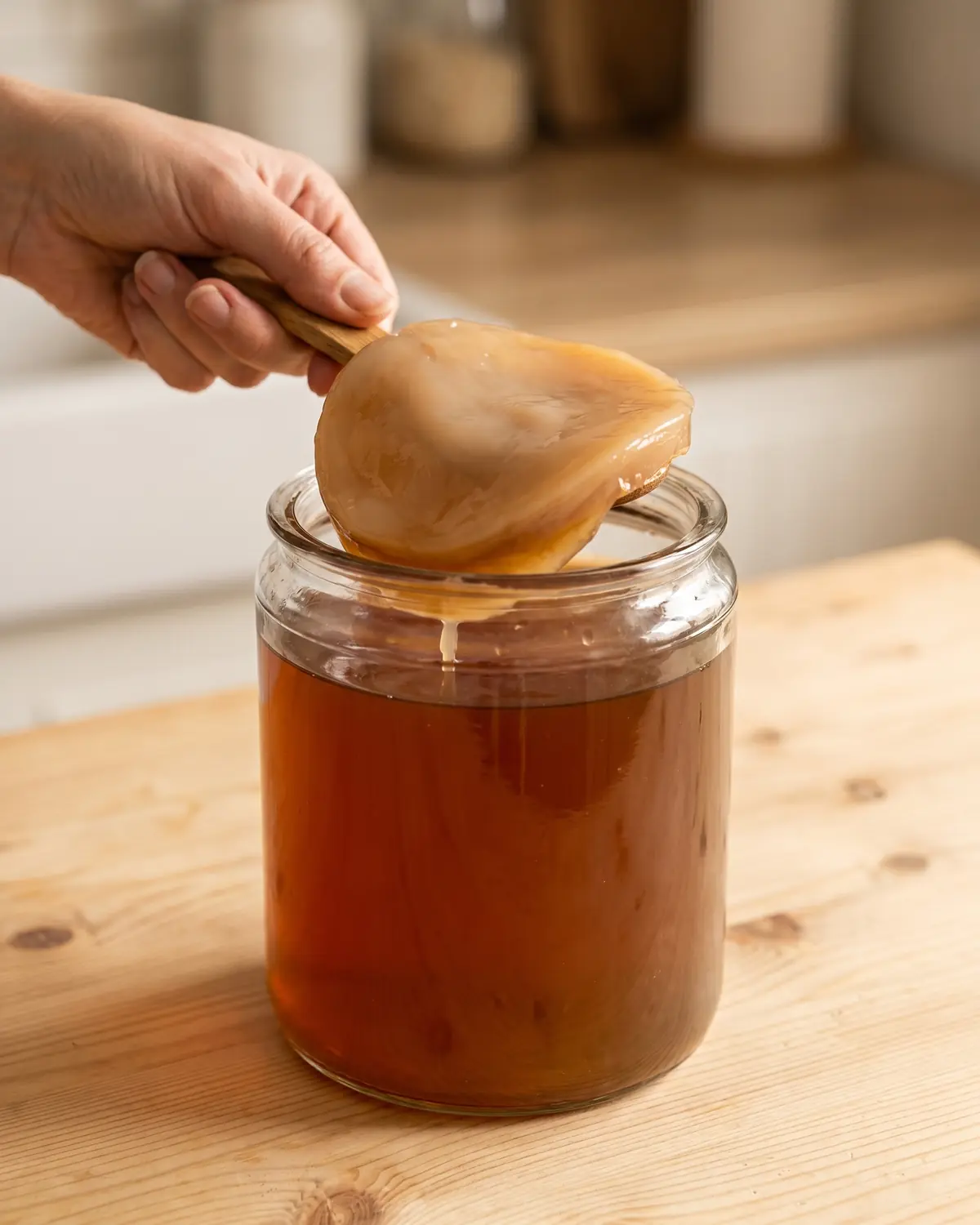 kombucha Mão a levantar o SCOBY de um tarro de kombucha com uma colher de madeira durante a preparação.