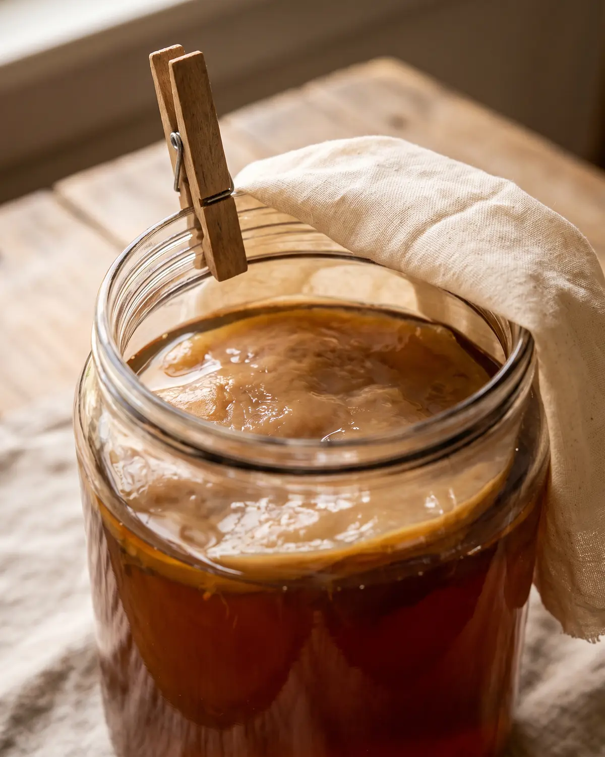 kombucha bebidas Frasco de kombucha aberto com tecido afastado por uma pinça de madeira e SCOBY sob a superfície escura