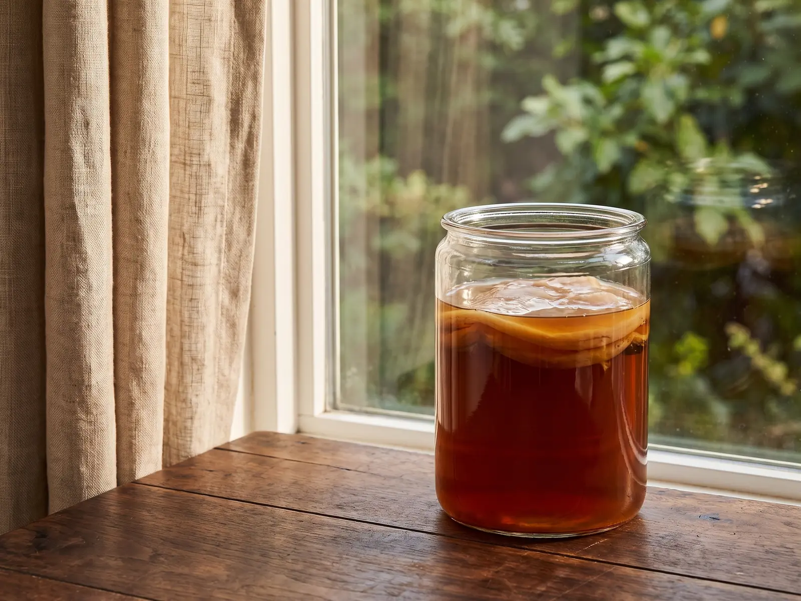 Tarro com SCOBY junto a uma janela aberta, com cortina de linho, madeira escura e folhas suaves.