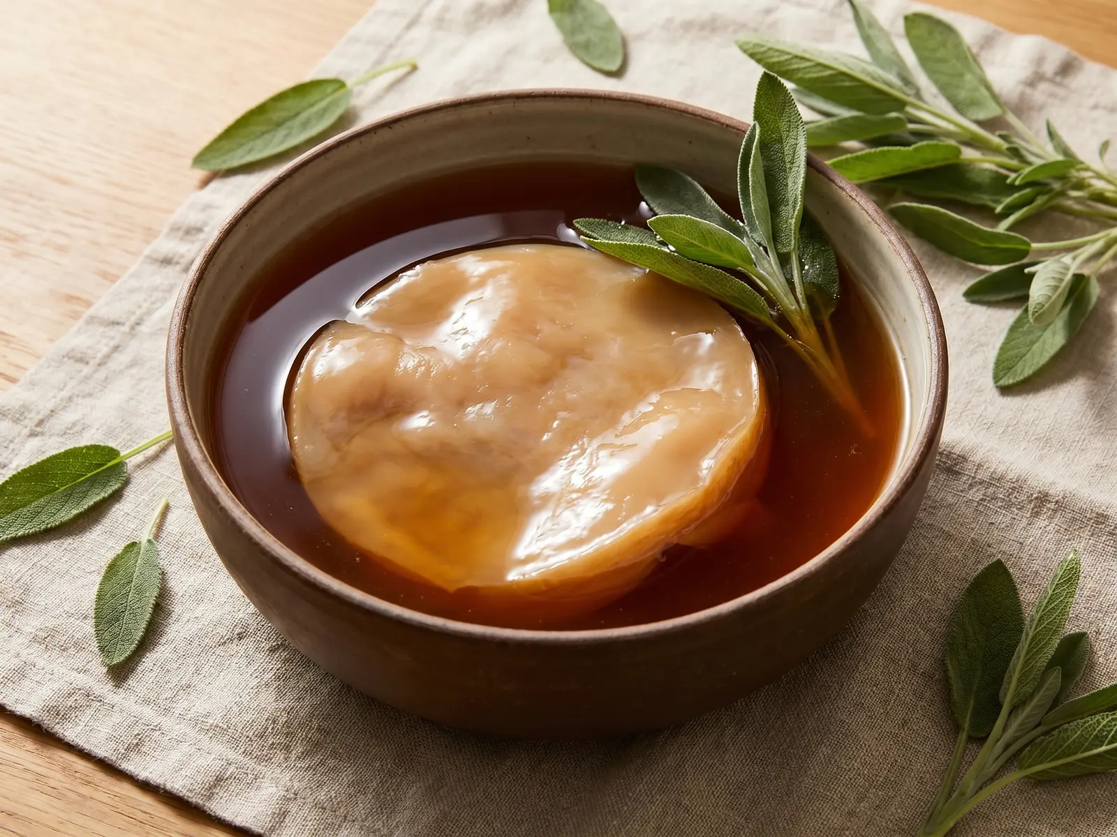 SCOBY de kombucha em prato hondo, com salvia fresca, l&iacute;quido m&atilde;e &acirc;mbar e tecido de linho cru.