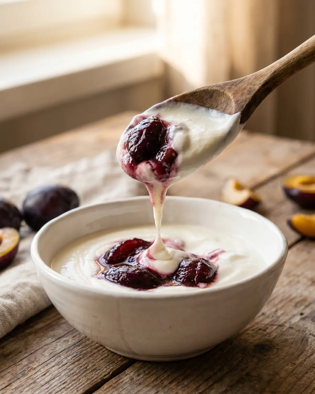 como fazer iogurte kefir Colher de madeira levanta iogurte cremoso com ameixa cozida, com um fio a cair para a taça.