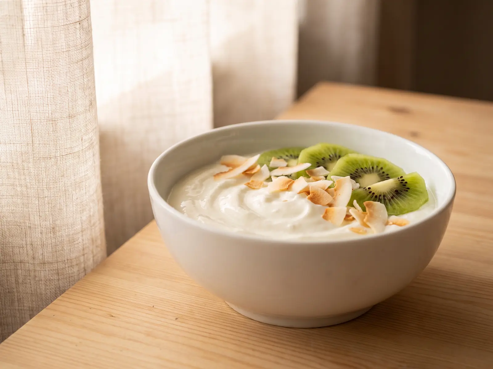 iogurte kefir tem lactose Taça de iogurte com kiwi verde e coco sobre madeira clara junto a uma cortina de linho